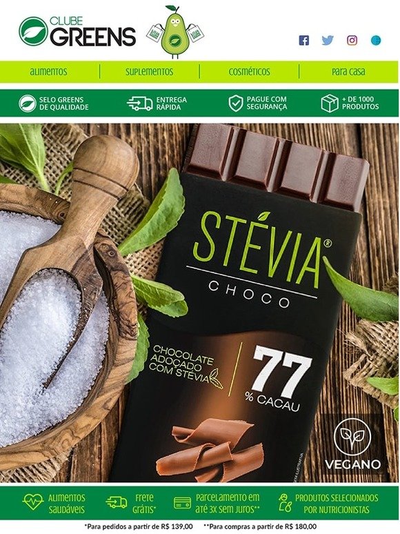 Chocolate delicioso e saudável sem Açúcar? Aqui no Clube Greens :-)