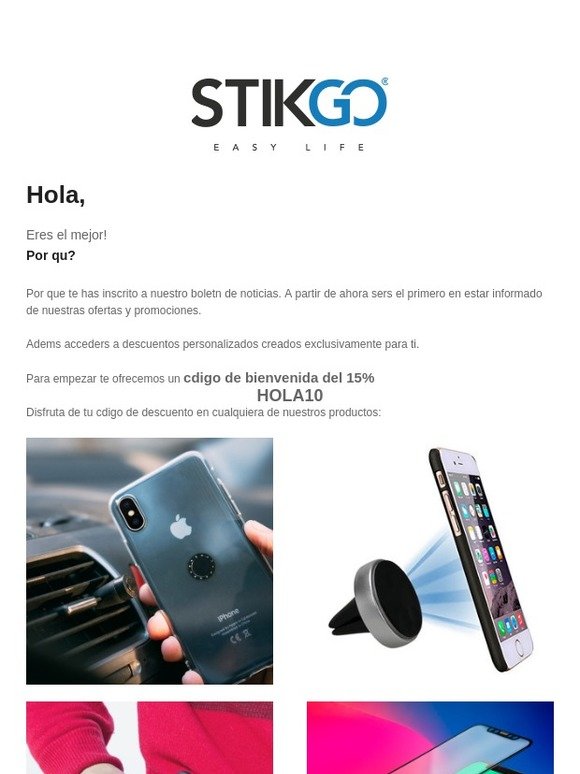 Bienvenido a STIKGO. Queremos agradecer tu confianza con un código descuento del 15%😆