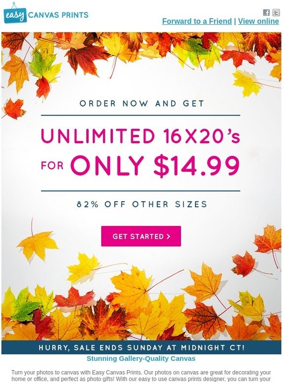 Easy Canvas Prints Unlimited 16x20's for 14.99 Each HUGE Fall Savings! 🎉🎉 Milled