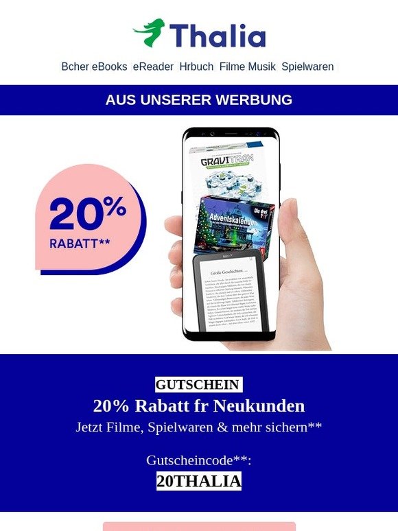 Für Neukunden: 20% auf Filme, Spielwaren & mehr geschenkt!