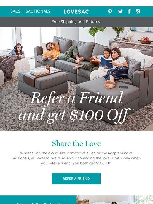 LoveSac ALL NEW Refer a friend and get 100 off Milled