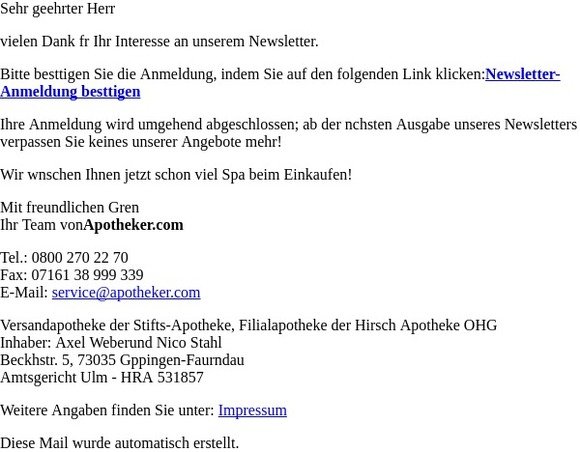 Bestätigung Newsletter-Anmeldung von apotheker.com