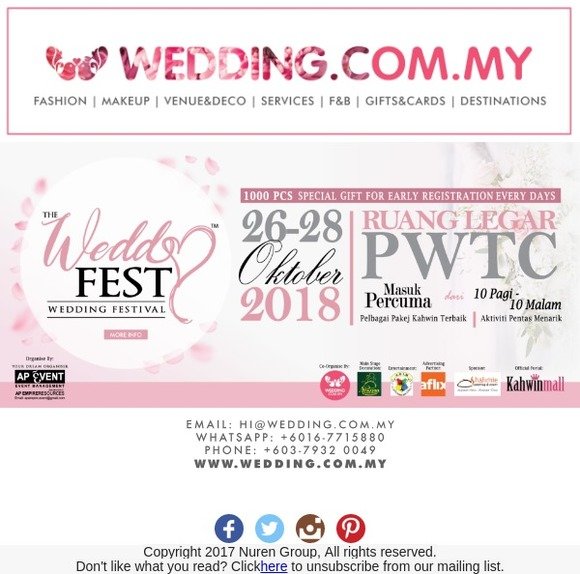 Perutusan Khas Raja Sehari, Save The Date untuk Festival Perkahwinan Terhebat tahun ini, Wedd Fest 2018 di PWTC 26-28 Oct 2018