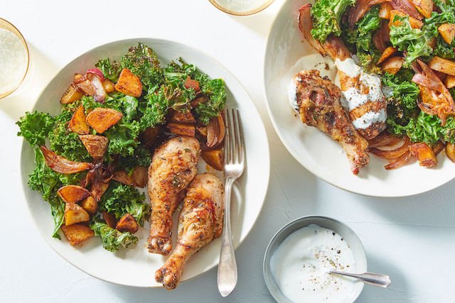 Chicken & Spiced Potatoes with Onions, Kale, and Sour Cream