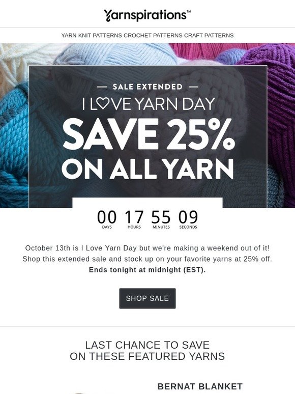 Yarnspirations Sale Extended! 1 more day to save 25 on all yarn! Milled