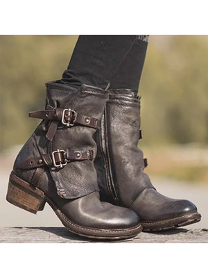 plain flat round toe casual outdoor mid calf flat boots