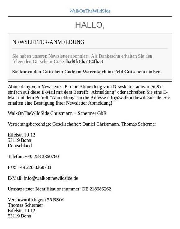 [WalkOnTheWildSide] Newsletter-Gutschein