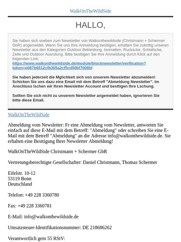 [WalkOnTheWildSide] Bestätigungsmail
