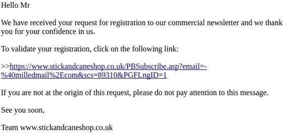 Confirmation of subscription to the newsletter-www.stickandcaneshop.co.uk