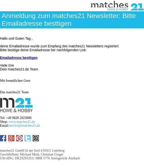 Newsletteranmeldung bitte bestätigen | matches21 GmbH