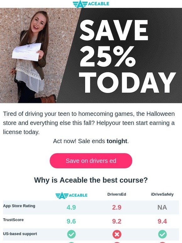 No more driving your teen?! SAVE 25% TODAY!