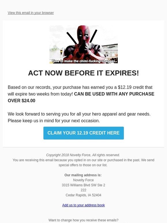 Novelty Force ALERT You’ve Earned a [12.19] Credit Expires Soon