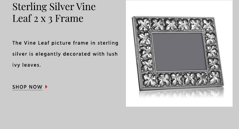 Sterling Silver VineLeaf 2 x 3 FrameThe Vine Leaf picture frame in sterling silver is elegantly decorated with lush ivy leaves. SHOP NOW }
