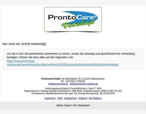ProntoCare-Vetshop: Bitte bestätigen Sie Ihre Anmeldung