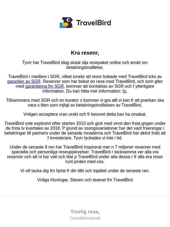 Viktigt meddelande från TravelBird