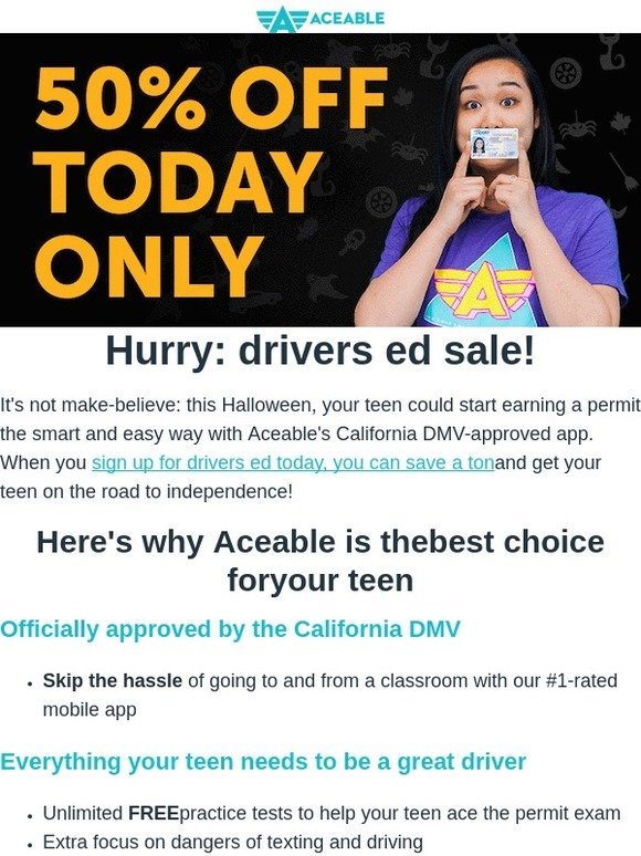 Your teen needs your help to take the permit test. Hurry and save 50% on drivers ed today!