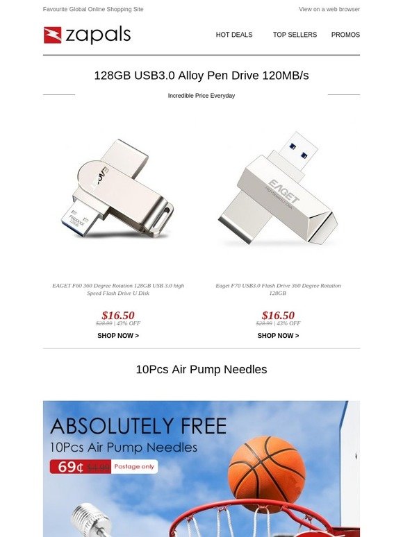 Amazing $16.5 Deal - Eaget 128GB Alloy USB 3.0 Drive; $0.69 Deal - 10Pcs Air Pump Needles; $0.79 Deal - Xiaomi Miband 3 Replacement Band