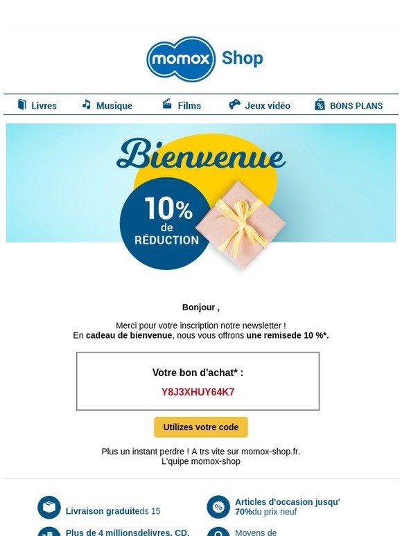 Votre cadeau de bienvenue chez momox-shop : 10 % de réduction