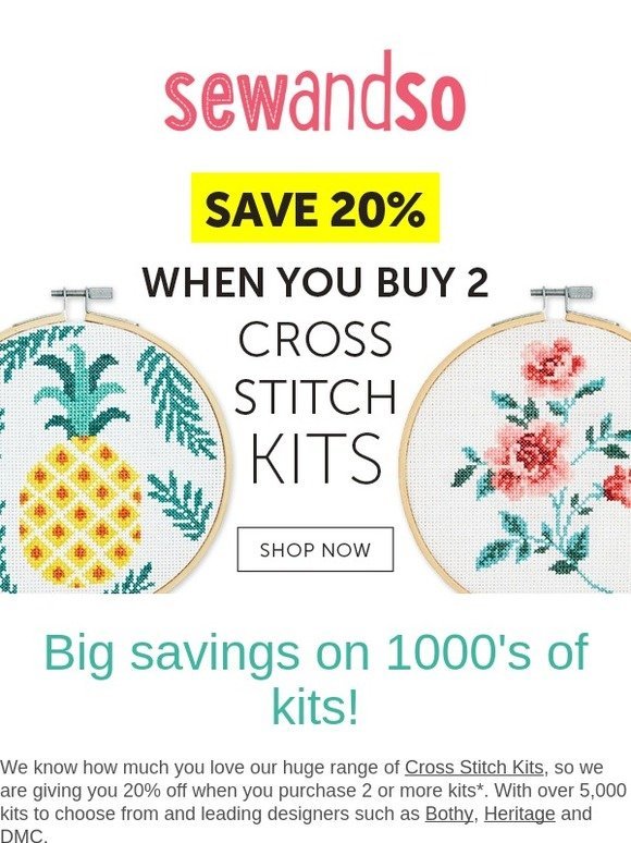 Save 20% when you buy 2 or more Cross Stitch Kits!