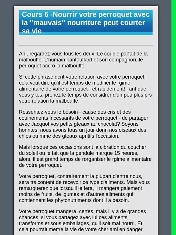 [perroquets] Cours 6 - Nourrir votre perroquet avec la "mauvaise"=?UTF-8?B?IG5vdXJyaXR1cmUgcGV1dCDDqWNvdXJ0ZXIgc2Egdmll?=