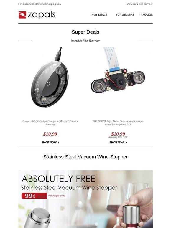2000 Stocks Giveaway - Stainless Steel Vacuum Wine Stopper $0.99; Baseus 10W Traspearent Wireless Charger $10.99; 800W Electric Heater $26.99