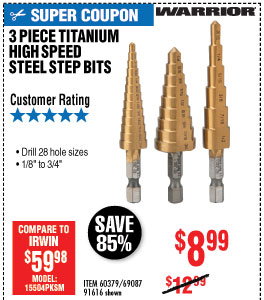 Titanium High Speed Steel Step Bit Set 3 Pc