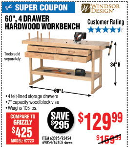60 in. 4 Drawer Hardwood Workbench