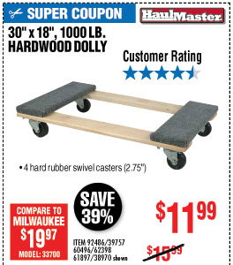 30 In x 18 In 1000 lbs. Capacity Hardwood Dolly