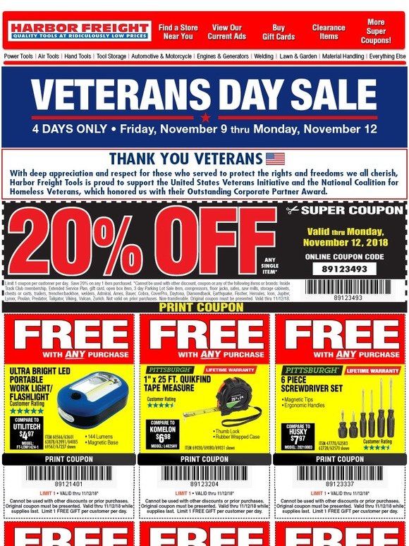 Harbor freight veterans day sale 2024