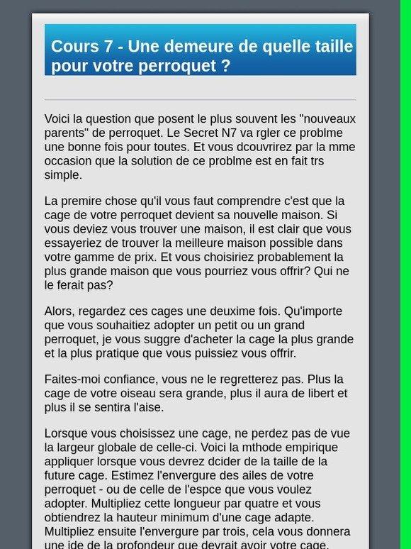 [perroquets] Cours 7 - Une demeure de quelle taille pour votre perroquet ?