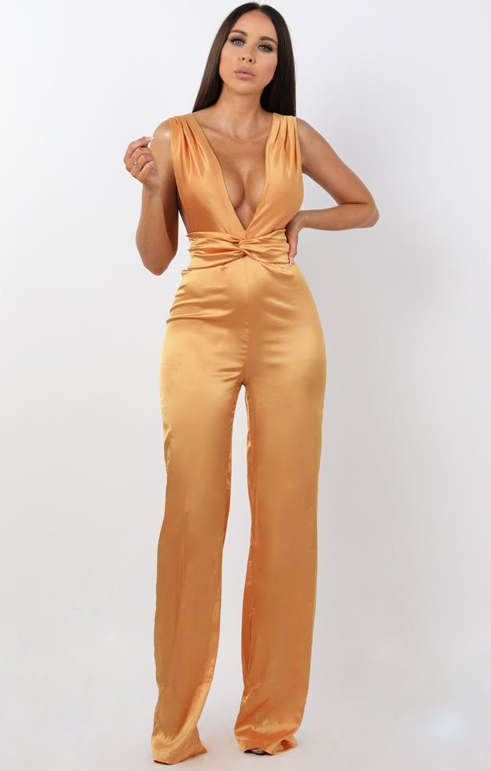 Image of Champagne Satin Plunge Neck Jumpsuit - Nikita