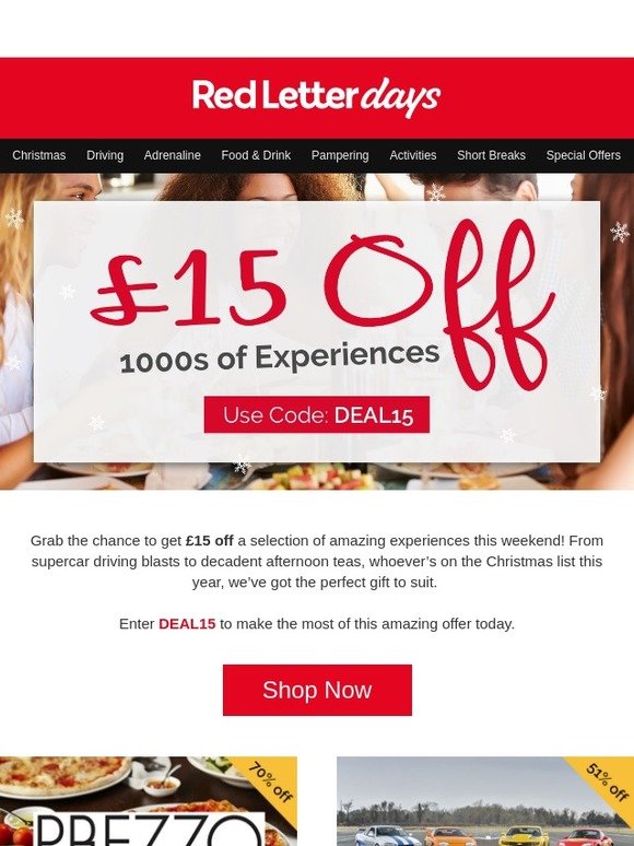 Red Letter Days £15 off Thousands of Experiences Milled