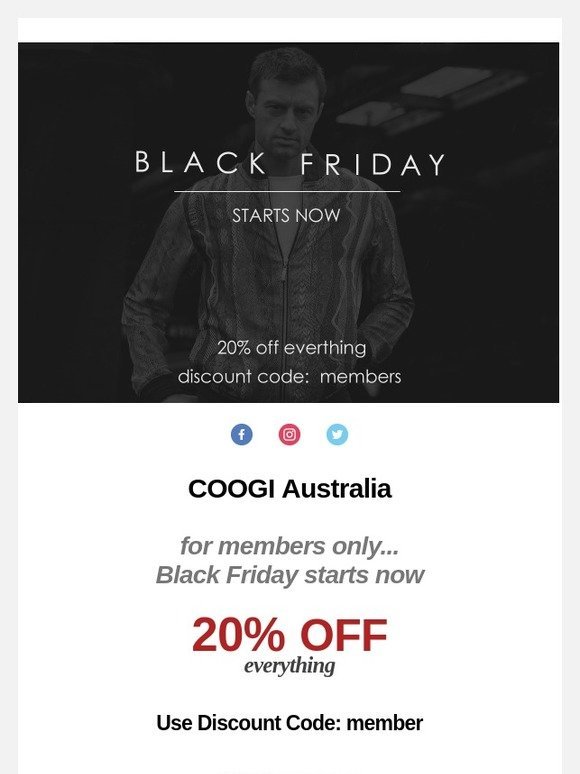 COOGI - Black Friday Starts Now  - 20% Off Everything for members only
