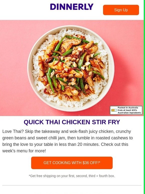 Try our quick and easy thai chicken stir fry with $36 off voucher
