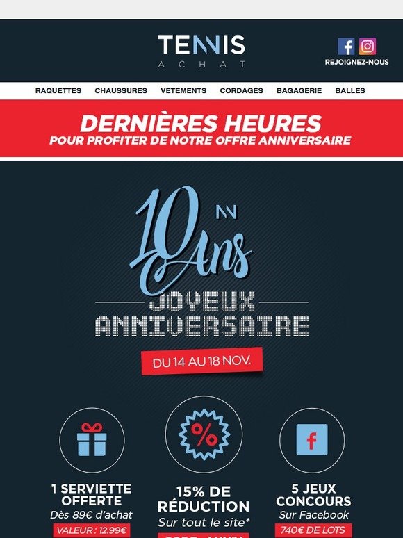 Anniversaire Tennisachat: Réductions, Cadeaux, Jeux Concours