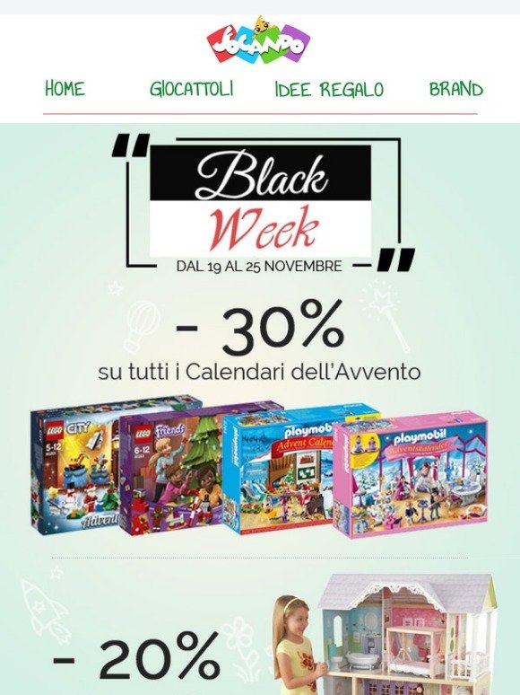 🏷  Black Week Jocando! Scopri 7 giorni di Sconti fino al 30% sui regali Natale 2018