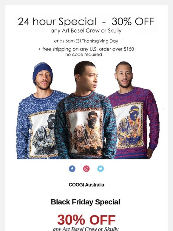 Coogi Brand COOGI 24 Hour Special 30 Off Art Basel Crews and