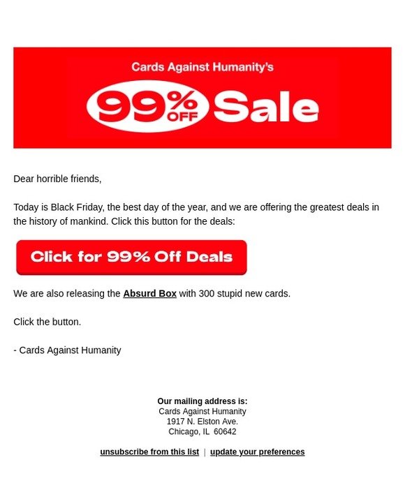 Cards Against Humanity's 99% Off Sale