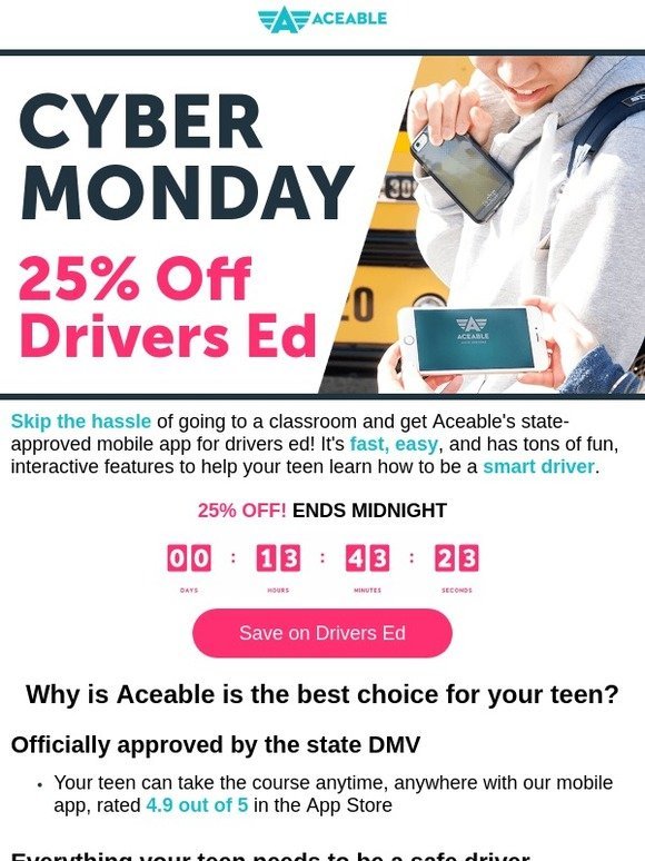 ‼️ Cyber Monday Sale Today Only ‼️ Save on drivers ed for your teen