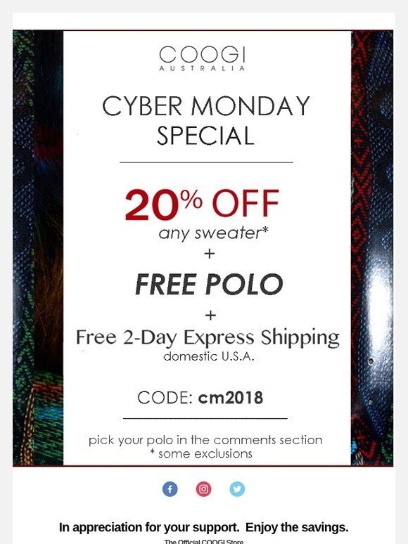 COOGI Cyber Monday Special - Buy a Sweater at 20% Off - Get Free Polo - and Free 2-Day Ship in the U.S. CYBER MON