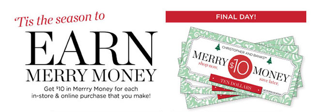 FINAL DAY! 'Tis the season to earn Merry Money! Get $10 in Merry Money for each in-store & online purchase that you make! Saturday, 11/10 - Tuesday, 11/27/18.