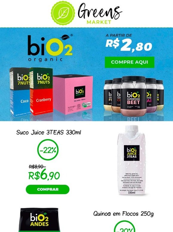 Barras, Granolas, Sucos e Proteínas Bio2 com preços especiais 😃