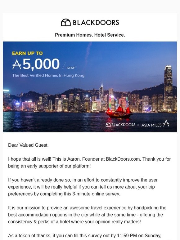 Last Call: Complete This Survey For HK$480 BlackDoors Credits! | 完成問卷以獲得港幣480元的BlackDoors積分！