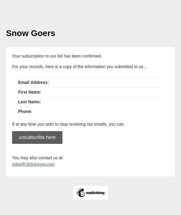Snow Goers: Subscription Confirmed