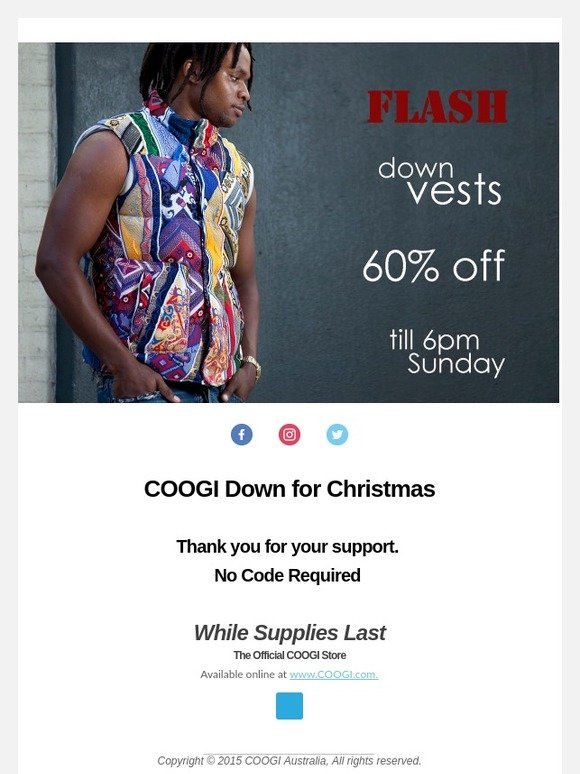 COOGI Flash Sale - 60% Off Down Vests - till 6pm Sunday