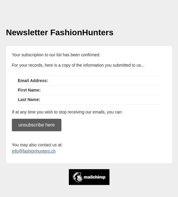 Newsletter FashionHunters: Subscription Confirmed