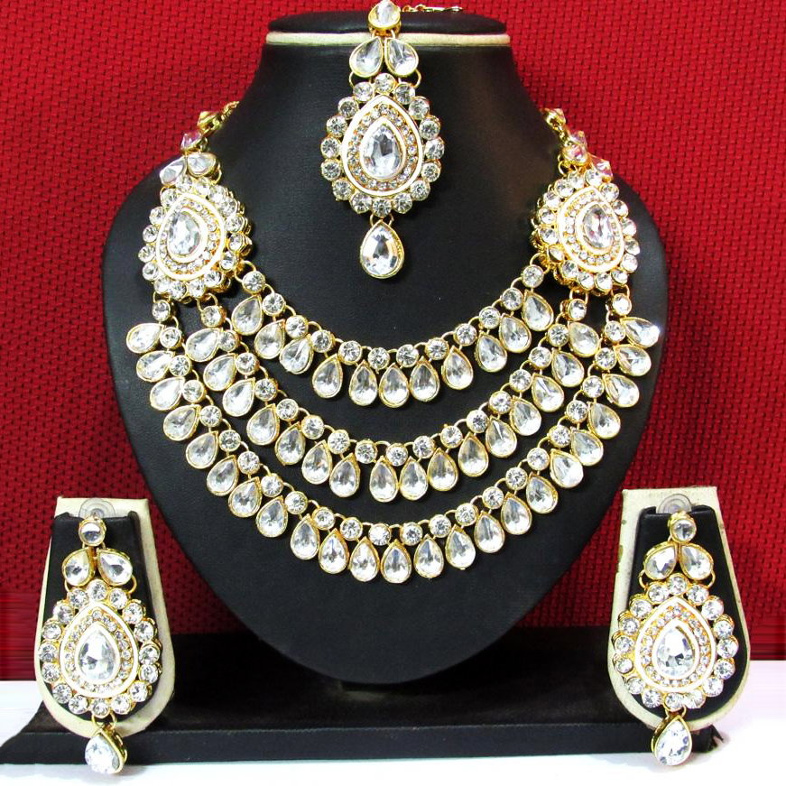 Two Side Brooch 3 Line Stone Wedding Necklace Set