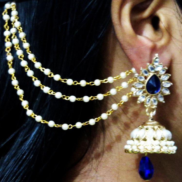 Dark Blue Drop Jhumka With Pearl Ear Chain Earring