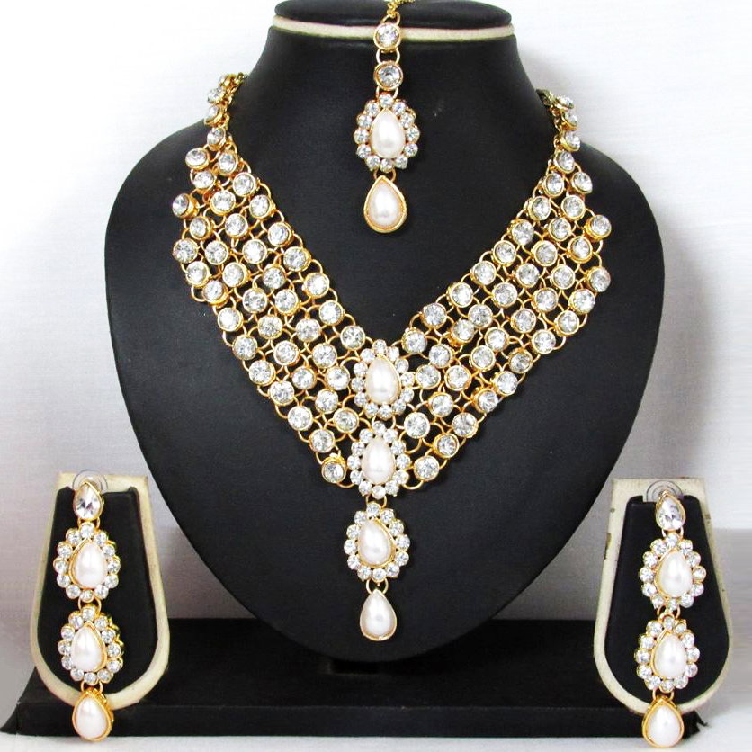 White Pearl Stone 4 Line Dulhan Choker Set