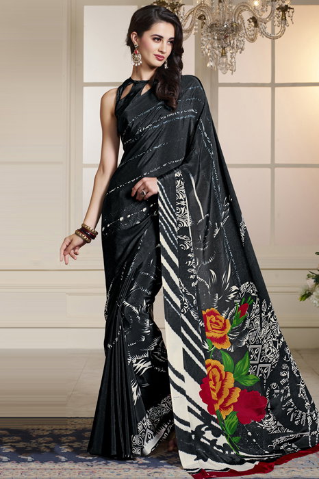 Georgette And Silk Saree In Black Colour